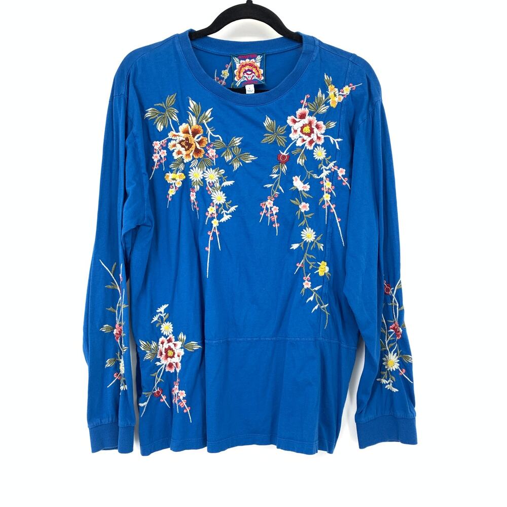 Johnny Was Top Womens L Blue Floral Embroidered Long Sleeve Boho Sweatshirt